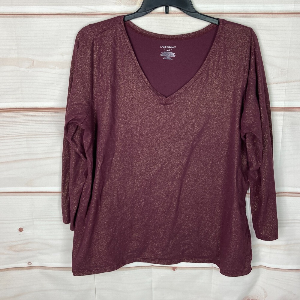 Lane Bryant Top Womens 18 20 Purple Glitter T-Shirt V-Neck 3/4 Sleeve Pullover